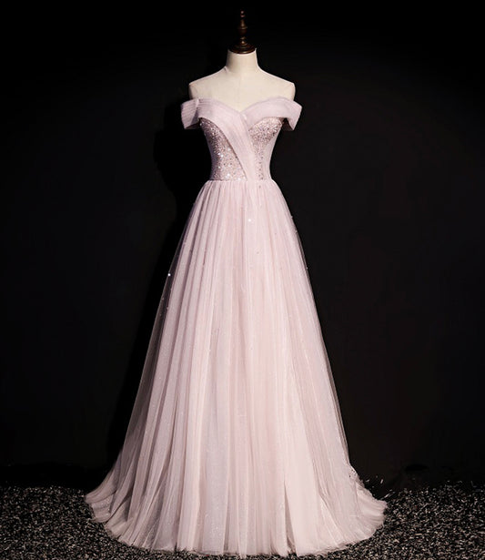 Pink tulle beads long prom dress A line evening dress  8648