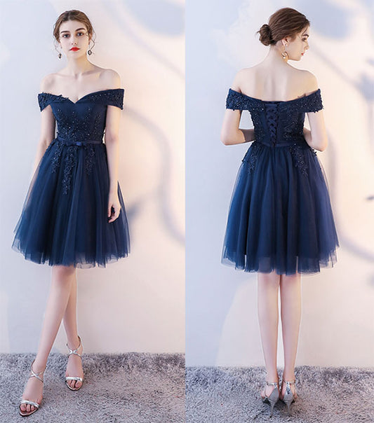 Dark blue lace v neck short prom dress, homecoming dress  7780