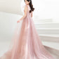 Pink tulle long prom dress A line evening dress  10421