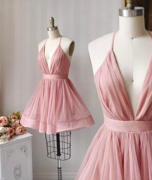 Pink v neck tulle short prom dress party dress  8469