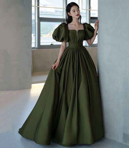 Green satin long A line princess gown formal gown  10192