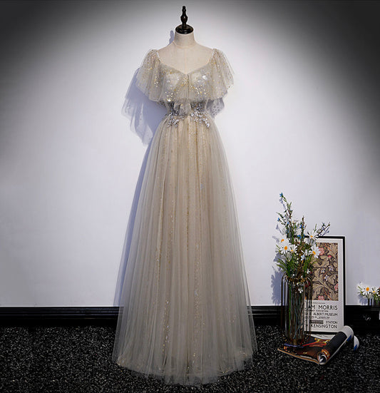 Cute tulle sequins long prom dress evening dress  10180