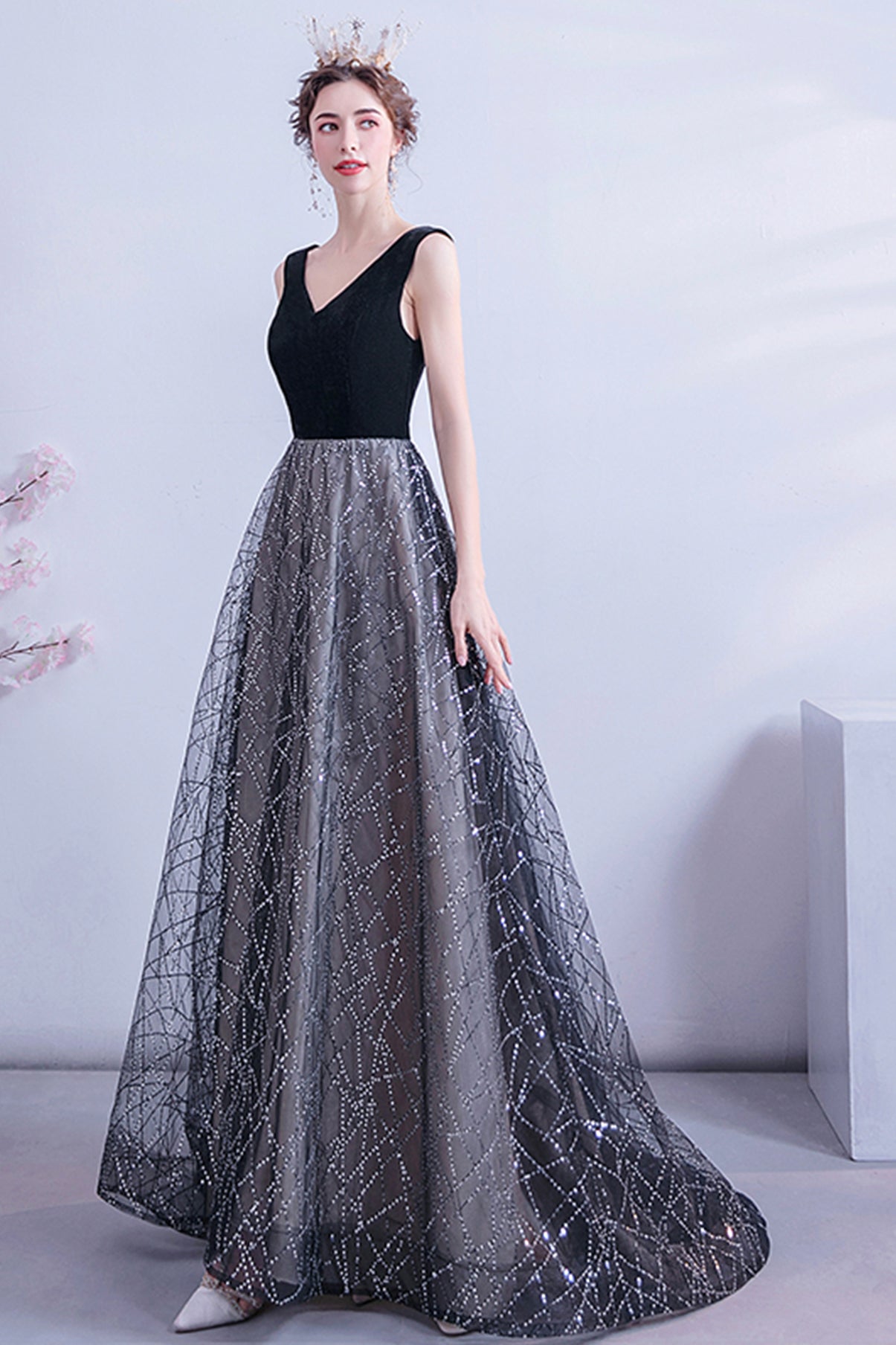 Black tulle sequins long A line prom dress evening dress  8731