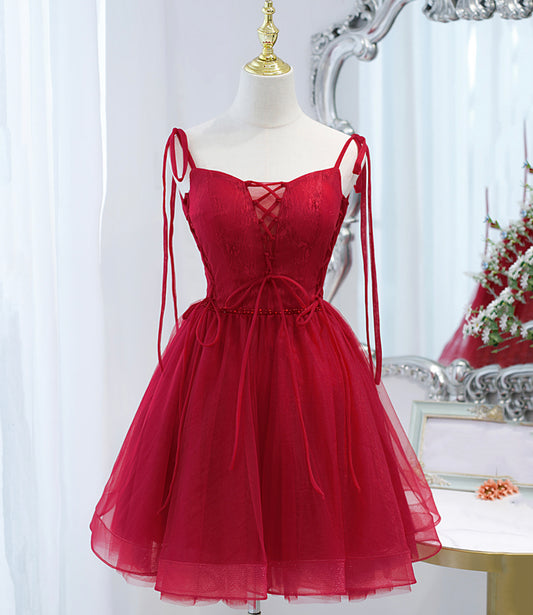 Burgundy tulle lace-up short prom dress party dress  10097
