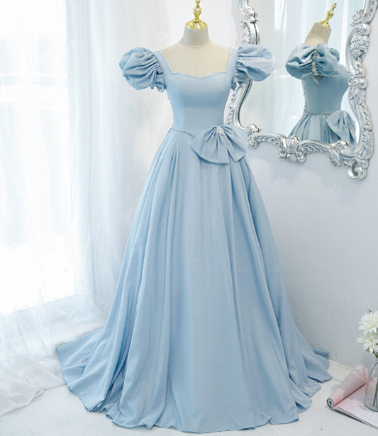 Blue saitn long A line prom dress blue evening dress  8840