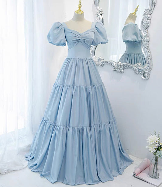 Blue satin long A line prom dress blue evening dress  8837