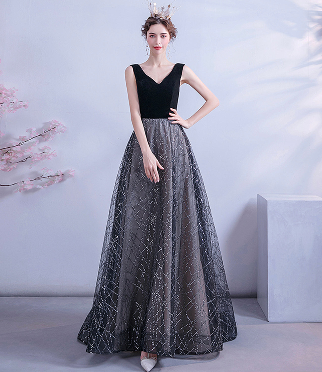 Black tulle sequins long A line prom dress evening dress  8731