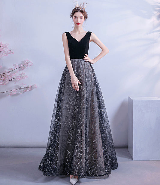Black tulle sequins long A line prom dress evening dress  8731