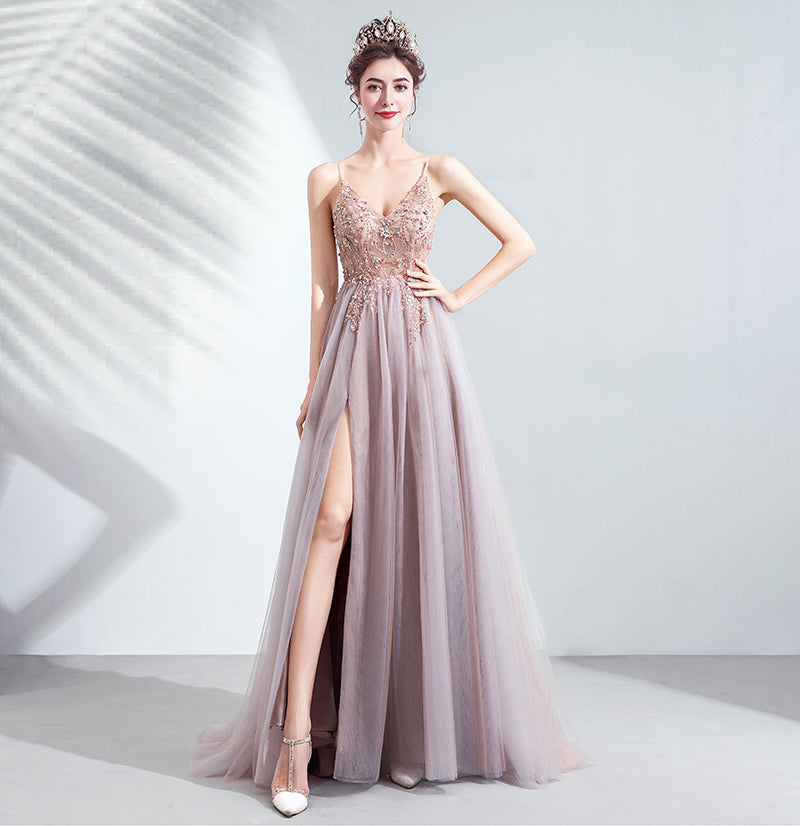 Stylish v neck tulle beads long prom dress formal dress  8225