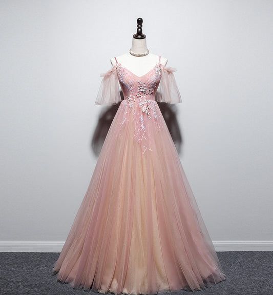 Pink v neck tulle long prom dress evening dress  8455