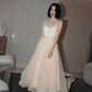 Cute tulle see through short prom dress champagne evening dress  8674
