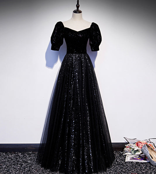 Elegantes langes Ballkleid aus Tüll mit Pailletten, schwarzes Abendkleid 8554