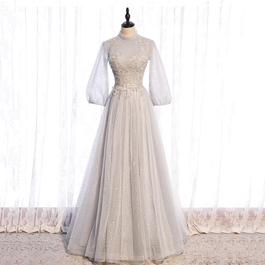 Gray lace sequins long prom gown evening dress  8964