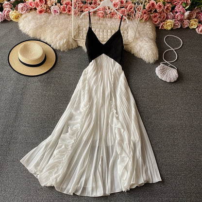 Cute V Neck A Line Dress Black And White Fashion Dress  10810