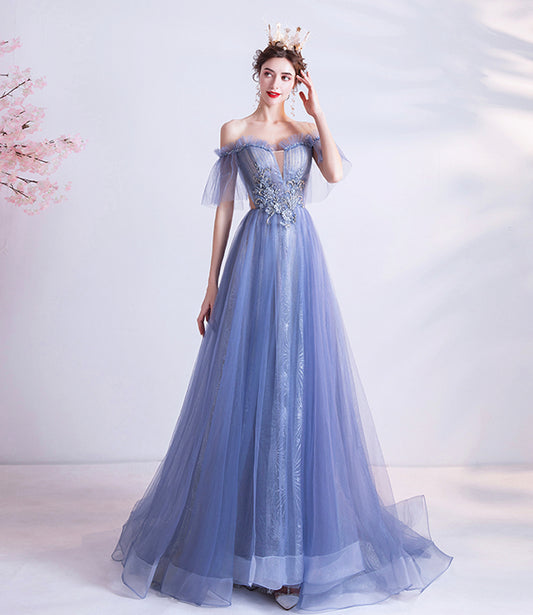 Blue tulle lace long A line prom dress evening dress  8670