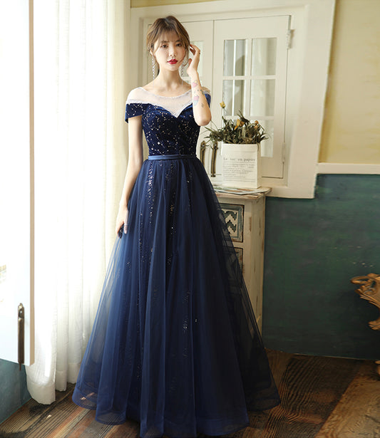 Blue velvet tulle long prom dress evening dress  10384