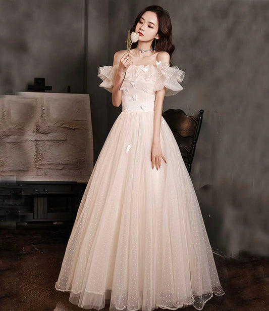 Champagne tulle long prom dress A line evening dress  10423