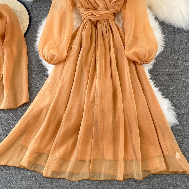 Cute V Neck Soft Chiffon Dress Fashion Girl Dress And Scarf  10791