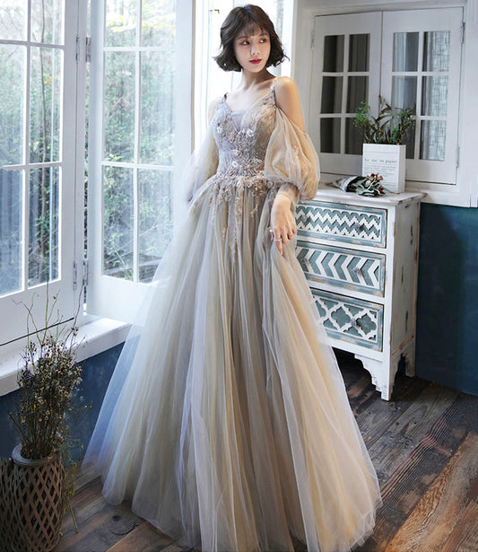 Cute tulle lace long prom dress A line evening dress  10171