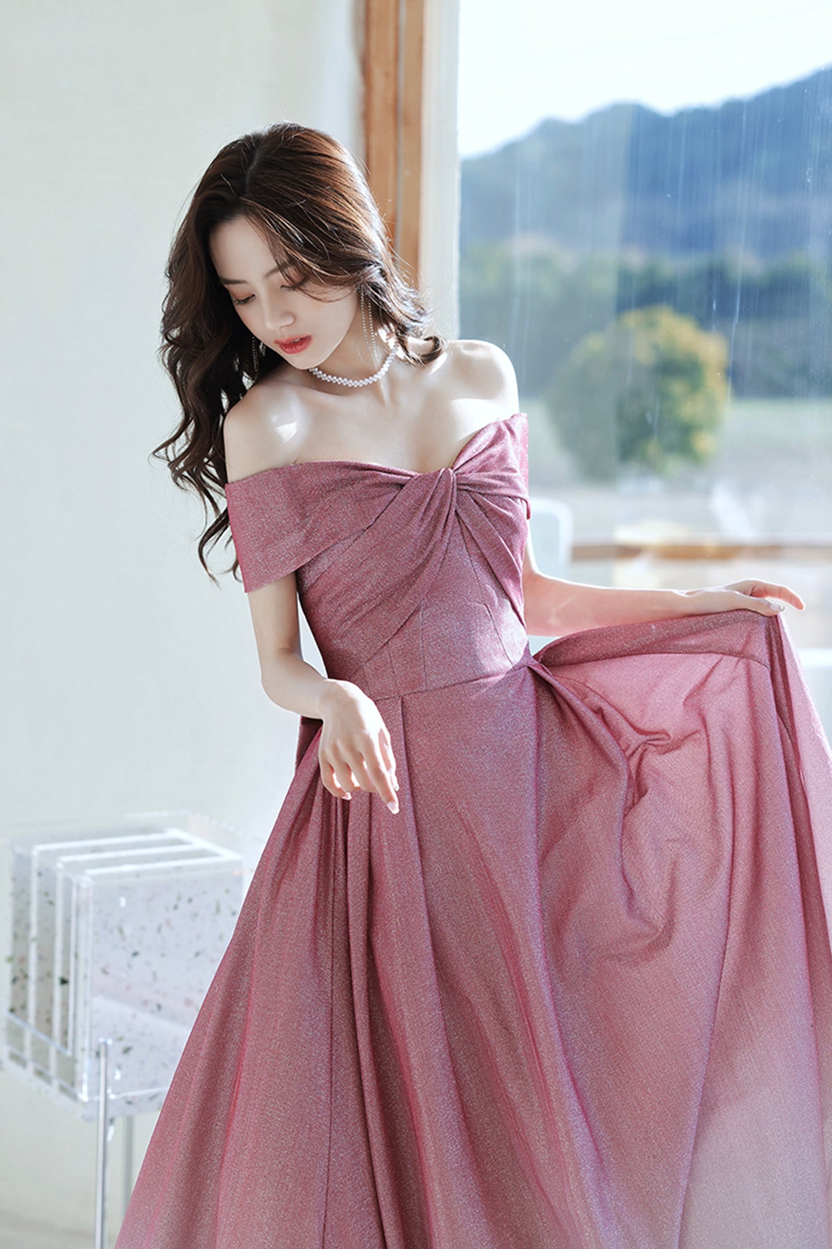 Pink gradient long A line prom dress pink evening dress  8742