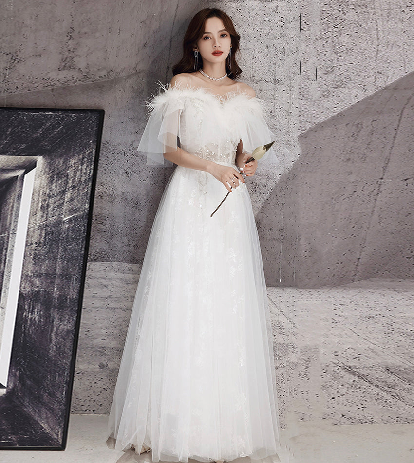 Einzigartiges langes Ballkleid aus Tüll mit Pailletten, weißes Abendkleid 8534