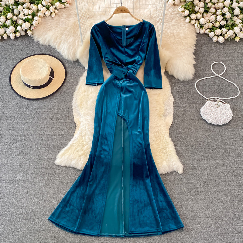 Stylish V Neck Velvet Long Dress Fahsion Dress  10938
