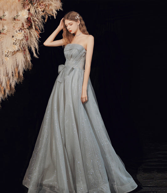 Gray tulle long A line prom dress gray evening dress  8792