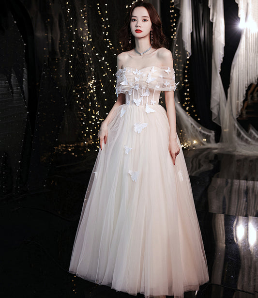 Champagne tulle long A line prom dress evening dress  8716