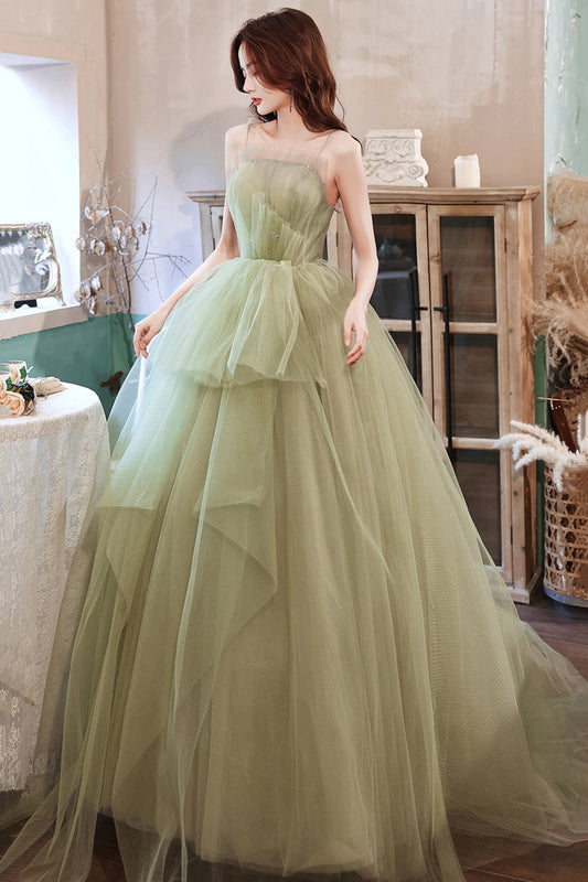 Green tulle long A line prom dress evening dress  8704