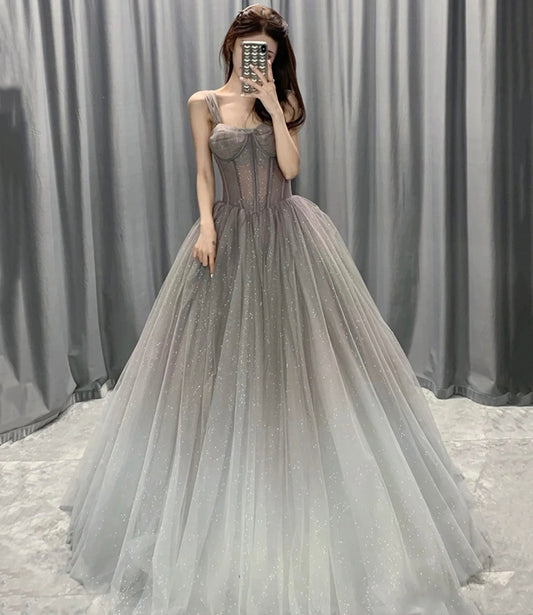 Robe de soirée longue en tulle gris à paillettes Robe de soirée trapèze 10564