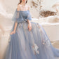 Blue lace long A line prom dress blue evening dress  8751