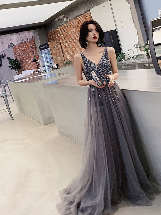 Dark gray v neck tulle long prom dress, evening dress  8057