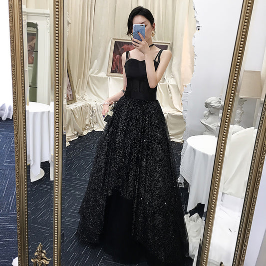 Black sweetheart neck tulle long prom dress, black dress  8079