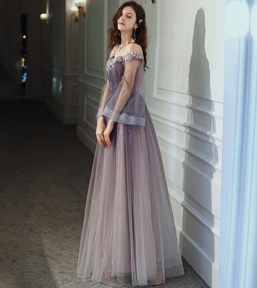 Purple tulle lace long prom dress purple evening dress  8538
