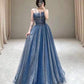 Blue tulle sequins long prom dress blue evening dress  10583