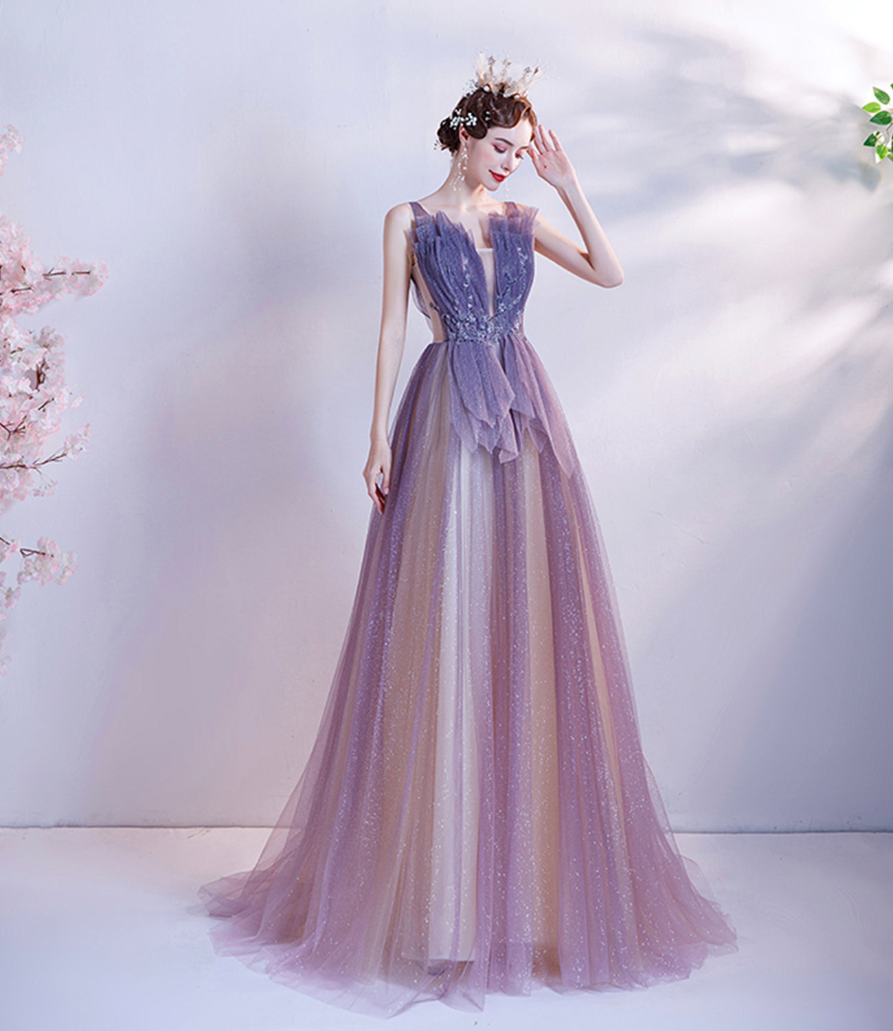 Purple tulle long A line prom dress evening dress  8748