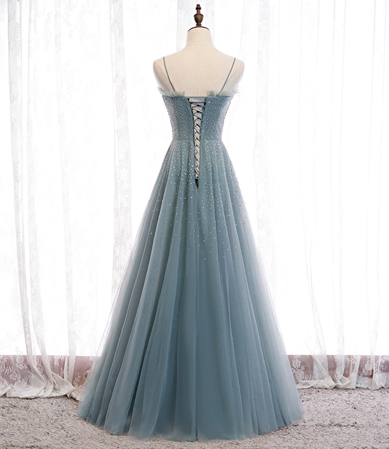 Blue tulle beads long prom dress A line evening dress  10501