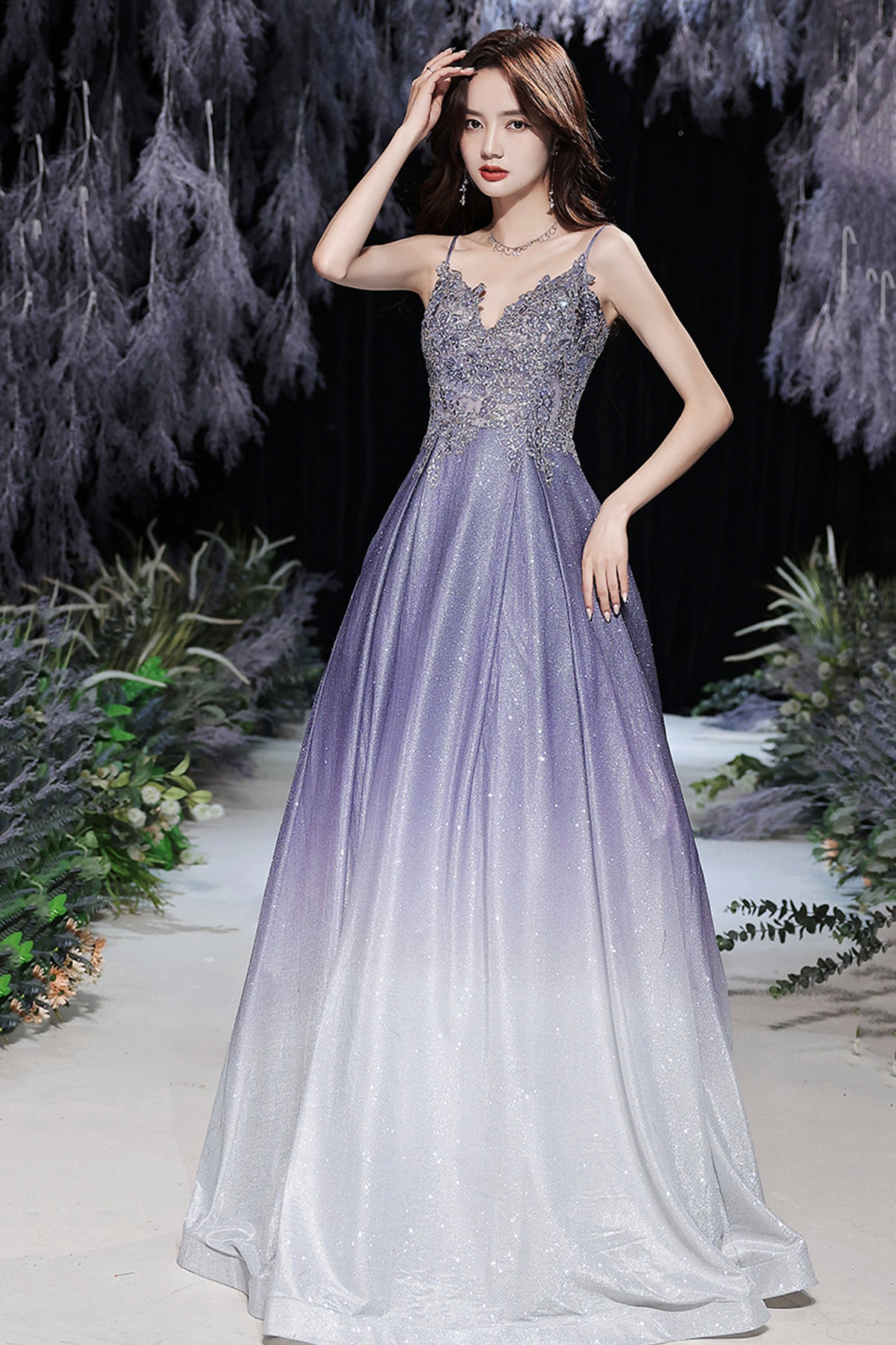 Stylish v neck lace long prom dress evening dress  8567