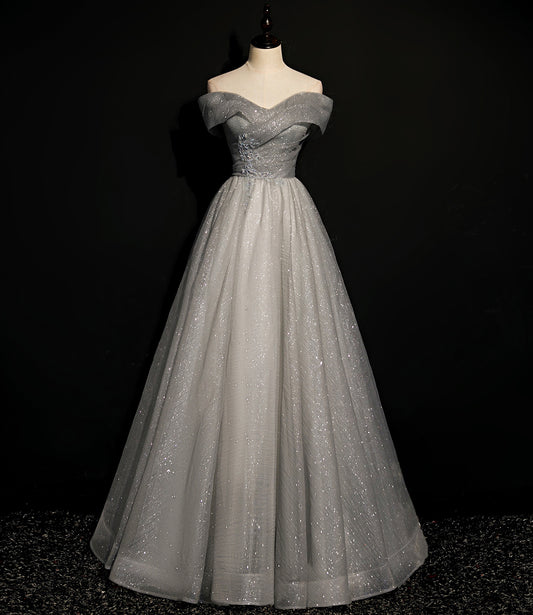 Gray tulle sequins long A line prom dress evening dress  8701