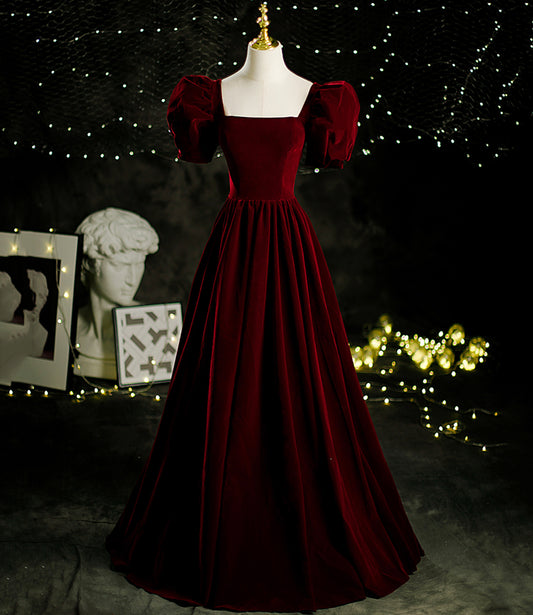 Burgundy velvet long A line prom dress evening dress  8804