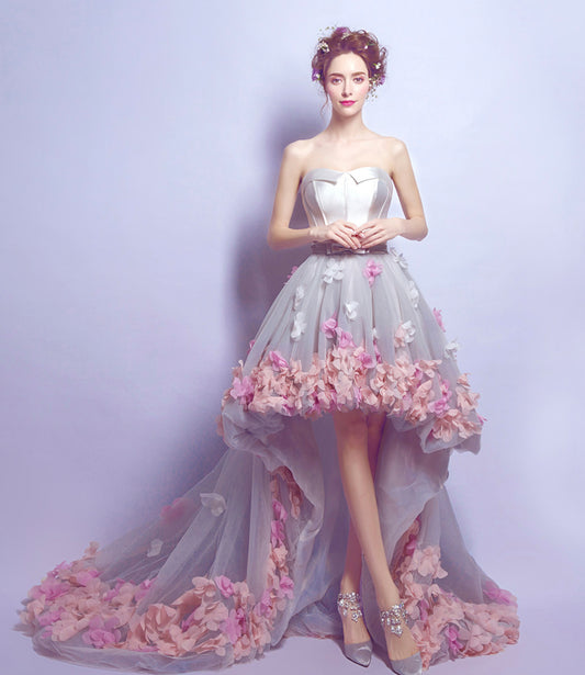 Cute tulle high low prom dress white evening dress  8899