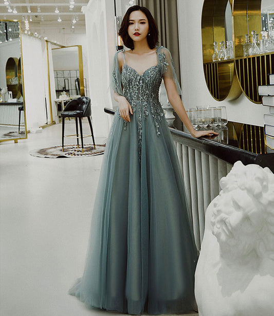 Cute tulle lace long prom dress A line evening dress  10422