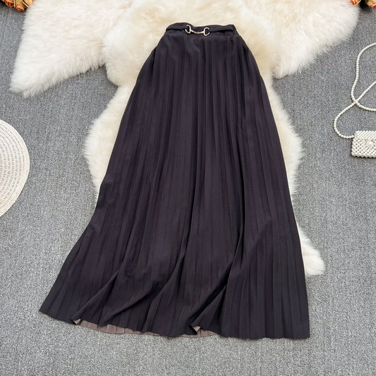 Versatile A-line pleated skirt, elastic waist, medium length, over Knee Skirt  11291