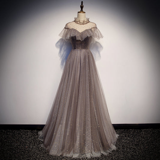Elegant tulle round neck long prom dress, evening dress  8110