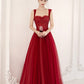 Burgundy tulle beads long prom dress evening dress  10604