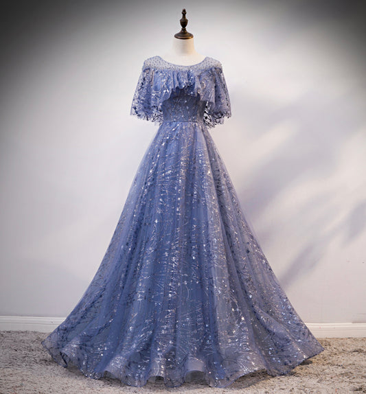 Blue tulle sequins long ball gown dress evening dress  8619