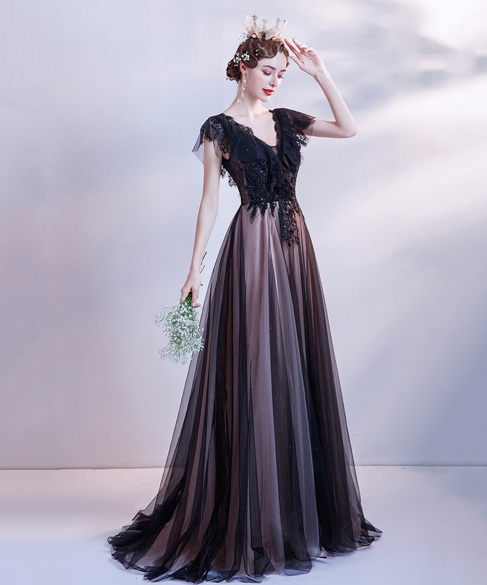 Black v neck tulle long prom dress evening dress  8512