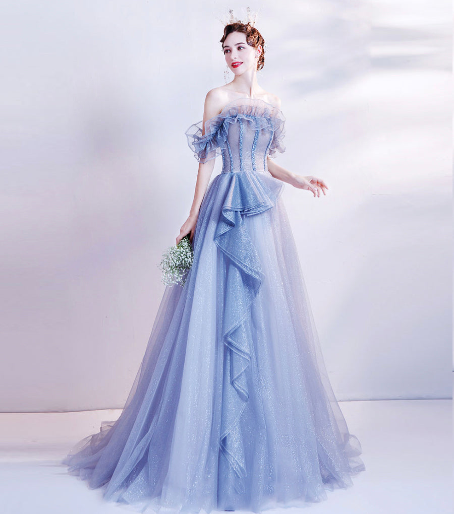 Langes Ballkleid aus blauem Tüll mit Pailletten, formelles Kleid 8543