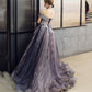 Purple tulle sequins long prom dress A line evening gown  10204