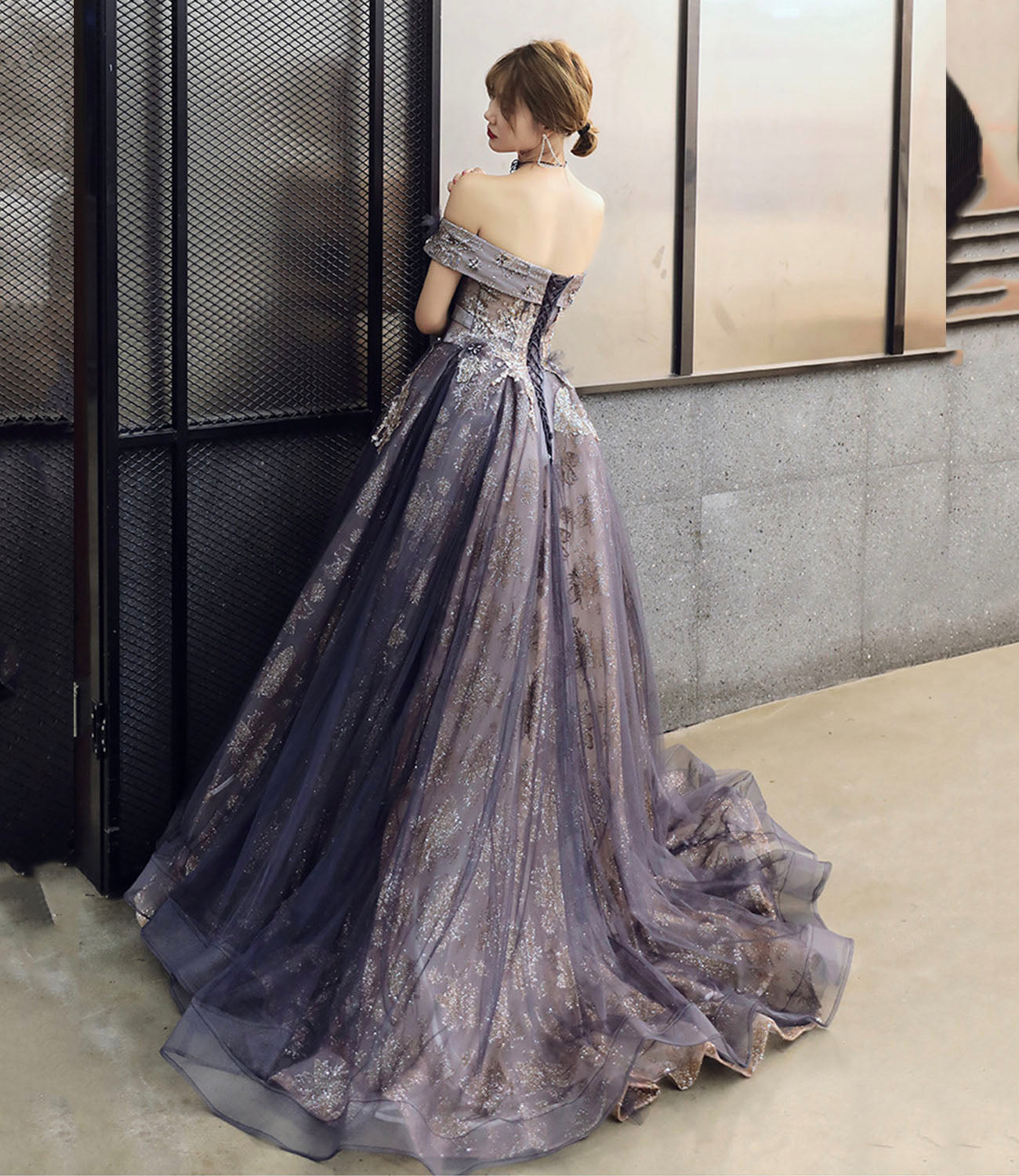 Purple tulle sequins long prom dress A line evening gown  10204